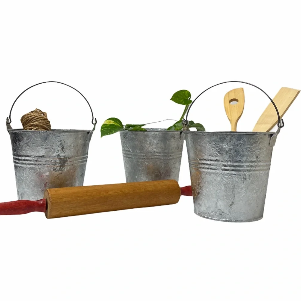 Vintage Buckets Galvanized Tin French Cottage Rustic Farmhouse Decor Set of 3
